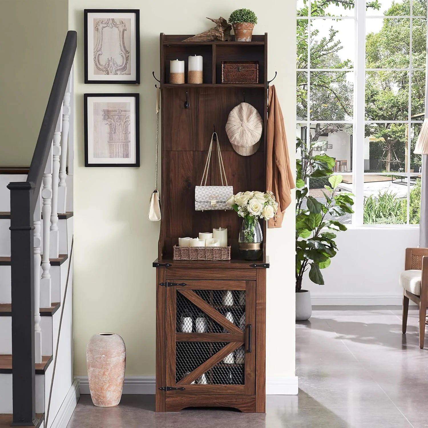 JXQTLINGMU 59" Farmhouse Hall Tree with Shoe Storage, Entryway Bench with 20 Cubbies, 12 Hooks & Sliding Barn Doors, Mudroom Coat Rack Cabinet, Off White